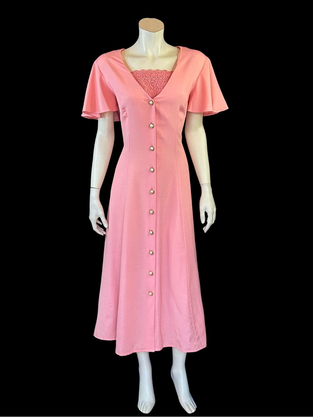 90s Peach Pink CORSET Back Midi Dress w Lace Inset Dress | M L